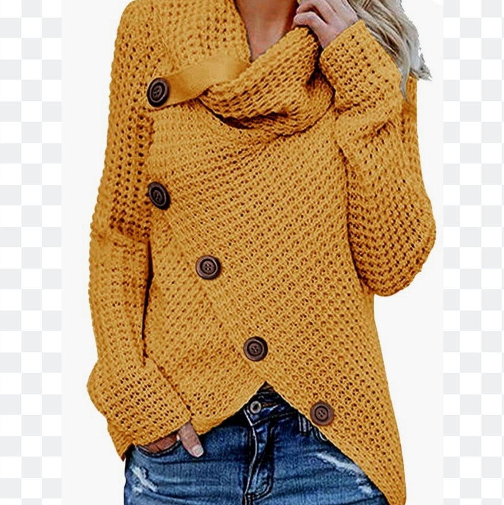 🔥 Women's Turtle Cowl Neck Sweater Long Sleeve Casual Button Asymmetric